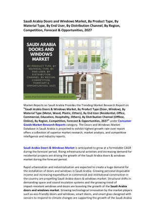 Saudi Arabia Doors and Windows Market Research Report 2022-2027