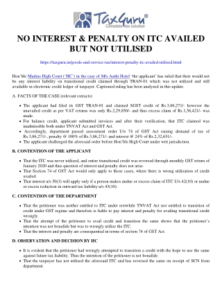 No Interest & Penalty on ITC availed but not utilised