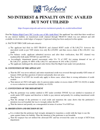 No Interest & Penalty on ITC availed but not utilised