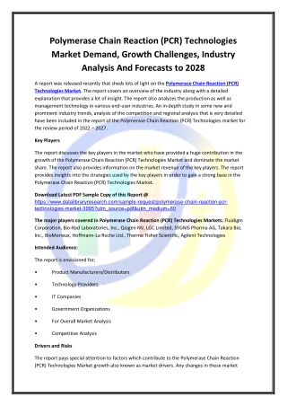 Global Polymerase Chain Reaction (PCR) Technologies Market Opportunities and For