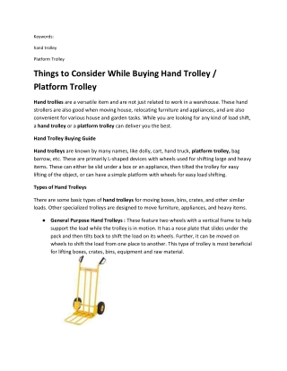 Things to Consider While Buying Hand Trolley  Platform Trolley