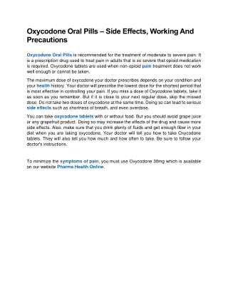 Oxycodone Oral Pills – Side Effects, Working And Precautions