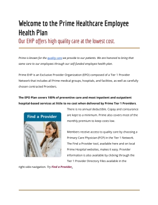 Welcome to the Prime Healthcare Employee Health Plan