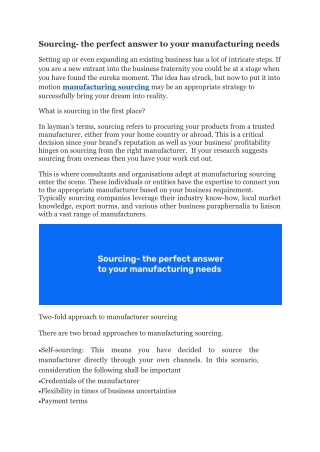 Sourcing- the perfect answer to your manufacturing needs- industry experts