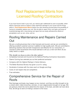 Roof Replacement Morris from Licensed Roofing Contractors