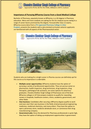 Importance of Pursuing BPharma Course from a Good Medical College