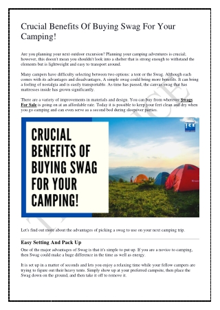 Crucial Benefits Of Buying Swag For Your Camping