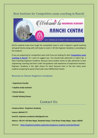 Best Institute for Competitive exam coaching in Ranchi