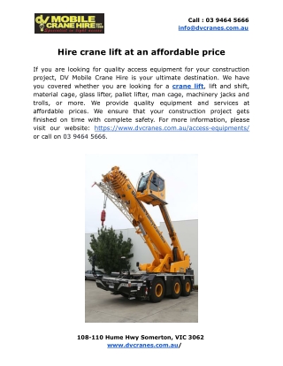 Hire crane lift at an affordable price