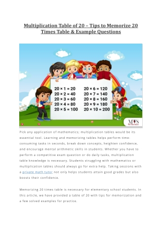 Multiplication Table of 20