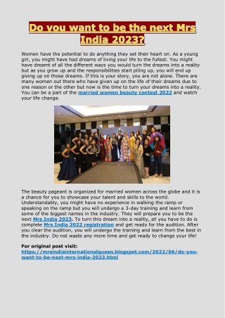 Do you want to be the next Mrs India 2023?