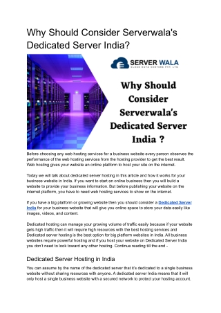 Why Should Consider Serverwala's Dedicated Server India_