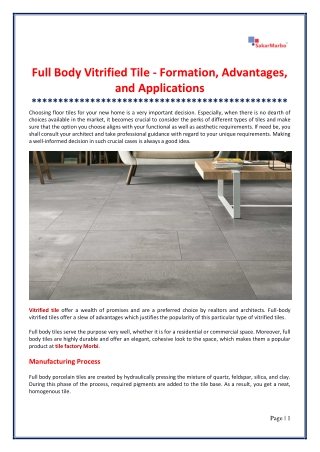 Full Body Vitrified Tile - Formation, Advantages, and Applications