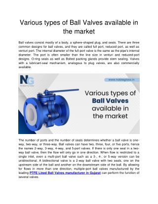 Various types of Ball Valves available in the market
