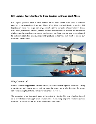 BJH Logistics Provides Door to Door Services in Ghana West Africa