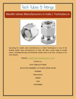 Needle Valves Manufacturers in India | Techtubes.in