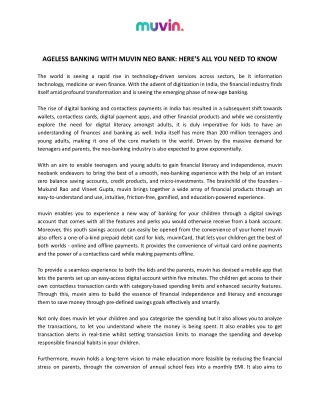 Ageless Banking with Best Neo Bank In India - Muvin