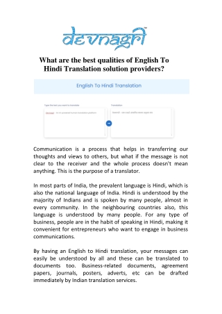 What are the best qualities of English To Hindi Translation solution providers?