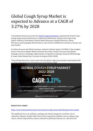 Global Cough Syrup Market is expected to Advance at a CAGR of 3.27% by 2028