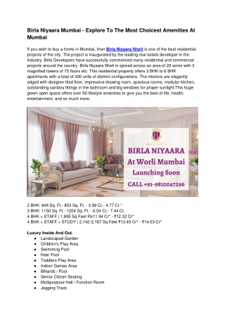 Birla Niyaara Mumbai - Explore To The Most Choicest Amenities At Mumbai