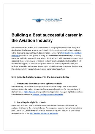 Building a Best successful career in the Aviation Industry