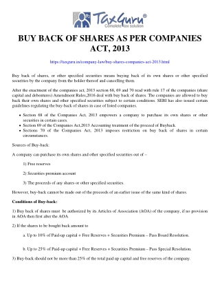 Buy Back of Shares As Per Companies Act, 2013