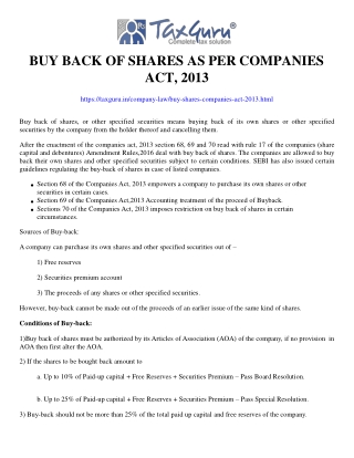 Buy Back of Shares As Per Companies Act, 2013