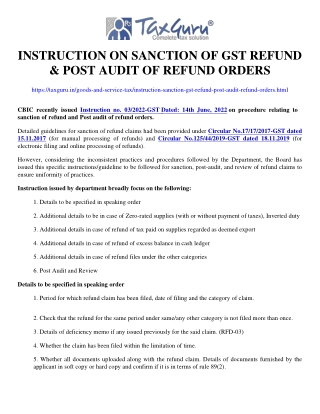 Instruction on sanction of GST refund & Post audit of refund orders