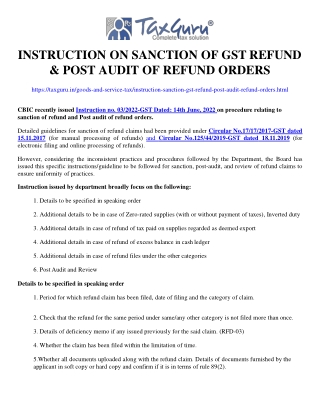 Instruction on sanction of GST refund & Post audit of refund orders