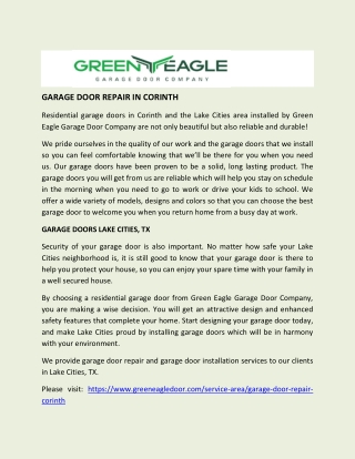 Garage Door Repair in Corinth, Lake Dallas, Shady Shores, Hickory Creek