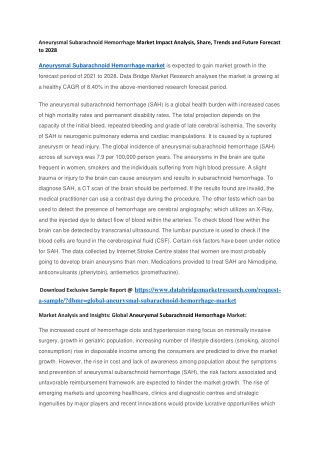 Aneurysmal Subarachnoid Hemorrhage Market Impact Analysis, Share, Trends and Future Forecast to 2028