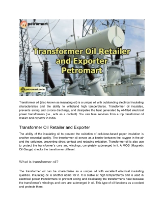 Transformer Oil Retailer and Exporter - Petromart