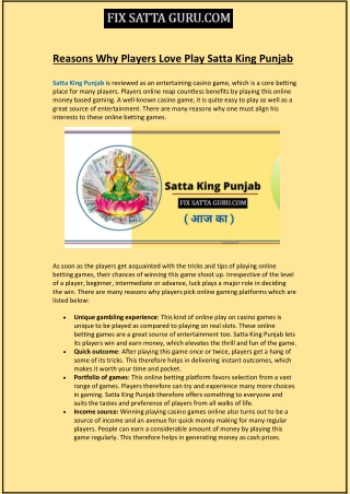 Reasons Why Players Love Play Satta King Punjab