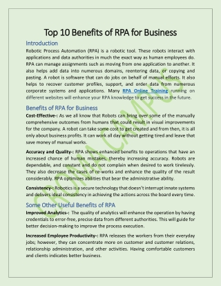 Top 10 Benefits of RPA for Business