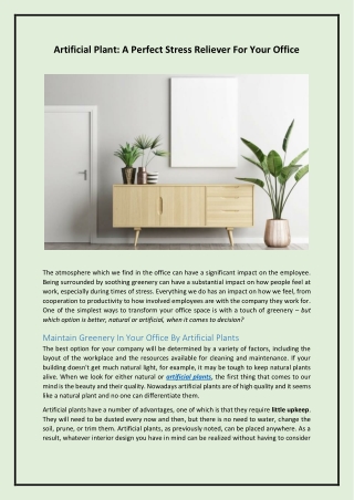 Artificial Plant A Perfect Stress Reliever For Your Office