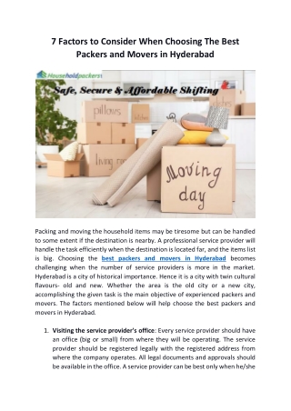 7 Factors to Consider When Choosing The Best Packers and Movers in Hyderabad
