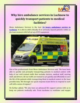 24 Hours Ambulance Service in Lucknow