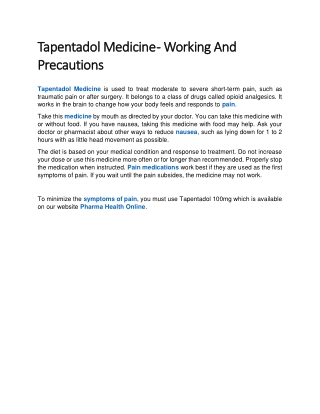 Tapentadol Medicine - Working And Precautions