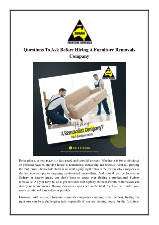 Questions To Ask Before Hiring A Furniture Removals Company