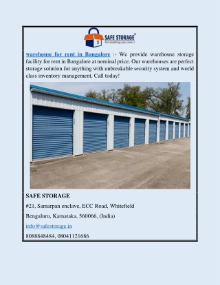 Warehouse Facility for Rent in Bangalore