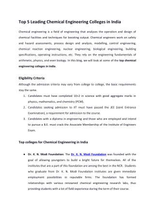 Top 5 Leading Chemical Engineering Colleges in India