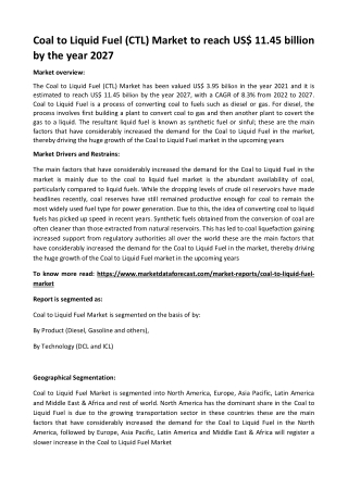 Coal to Liquid Fuel (CTL) Market