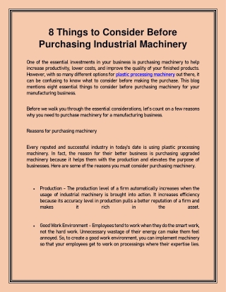 8 Things to Consider Before Purchasing Industrial Machinery