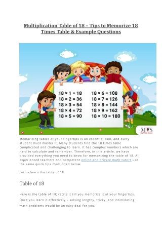 Multiplication Table of 18