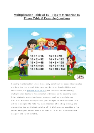 Multiplication Table of 16