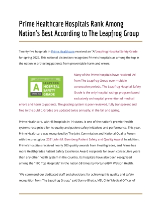 Prime Healthcare Hospitals Rank Among Nation's Best According to The Leapfrog Group