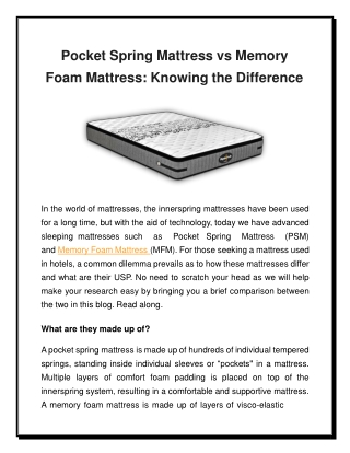 Pocket Spring Mattress vs Memory Foam Mattress: Knowing the Difference
