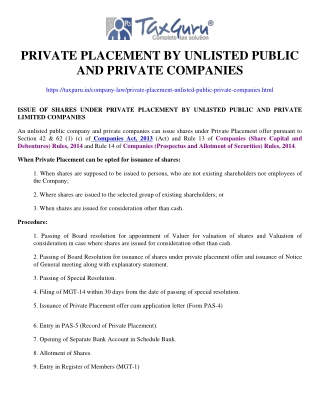 Private Placement by unlisted public and private companies