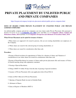 Private Placement by unlisted public and private companies
