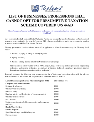 List of Businesses/ Professions that cannot opt for presumptive taxation scheme